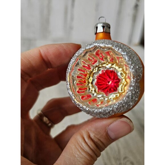 Vintage yellow glitter indent ball mercury glass ornament reflector Xmas tree - Picture 2 of 8